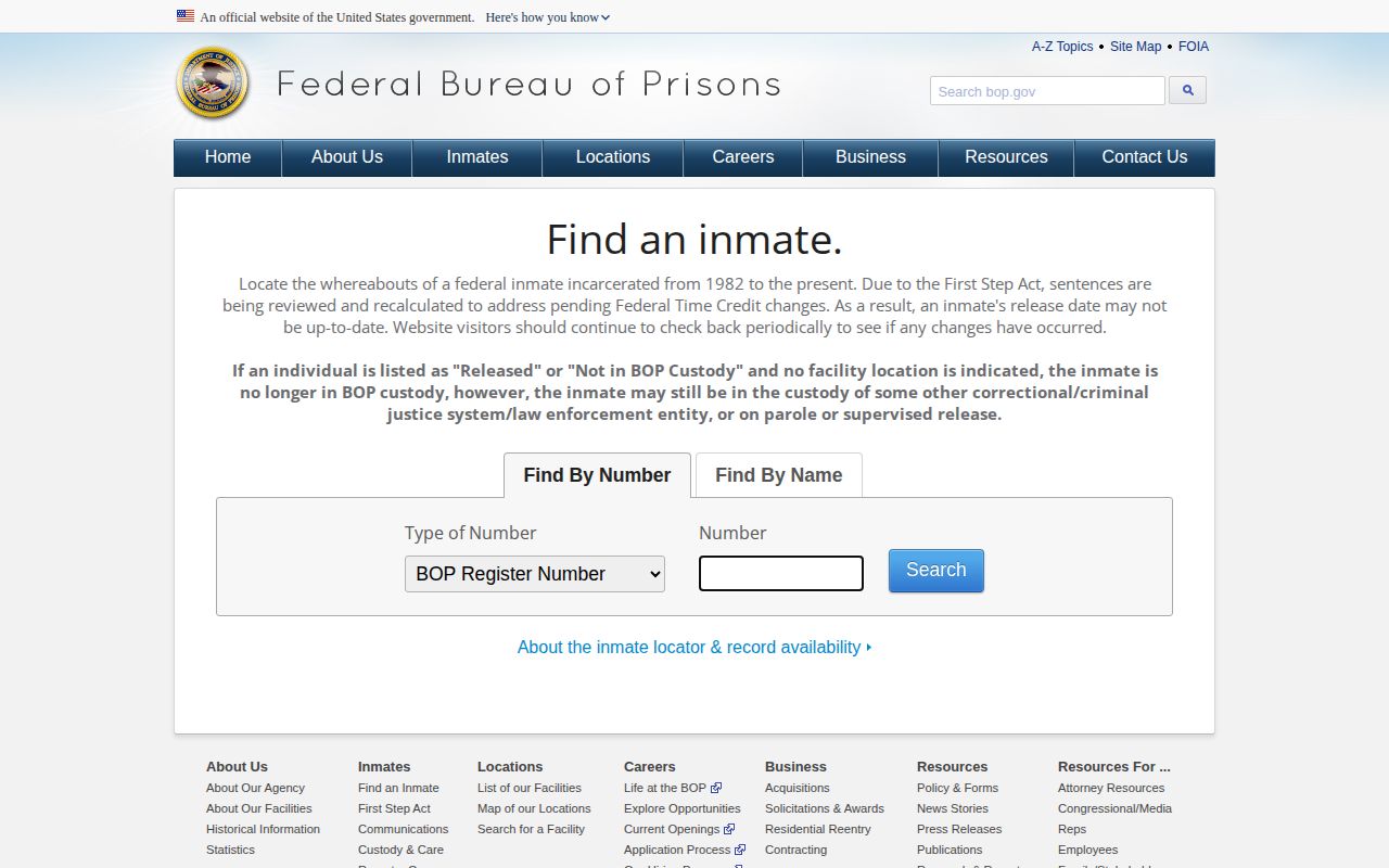 Federal Bureau of Prisons release locator for Latimer County records